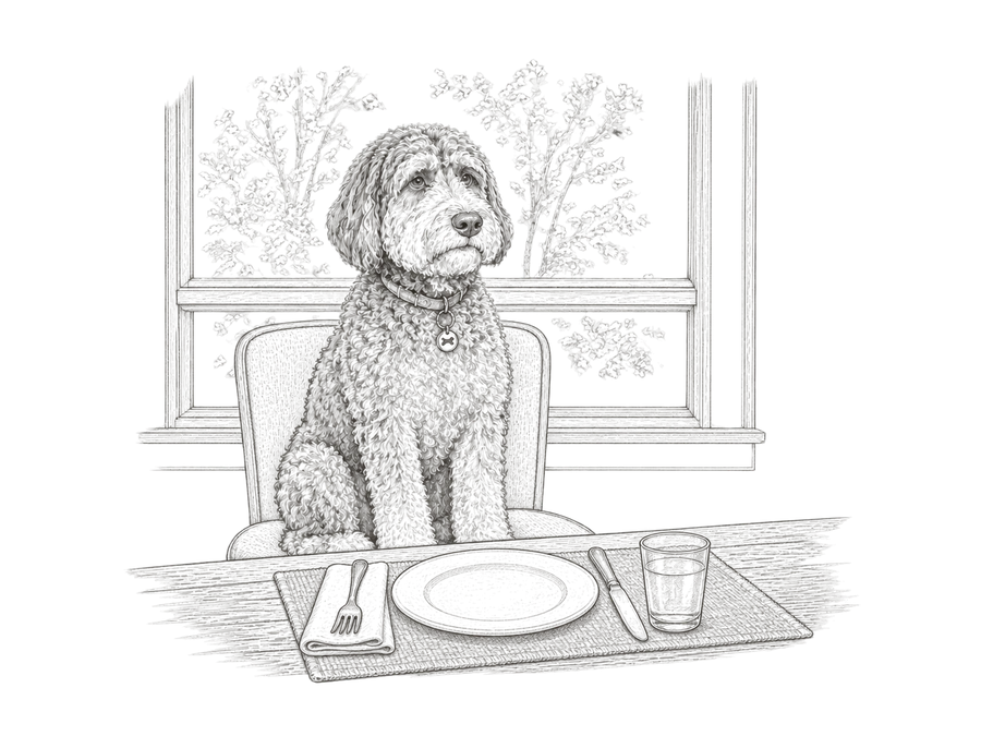 Murphy sitting upright in a dining chair at the head of the table, behind a placemat.