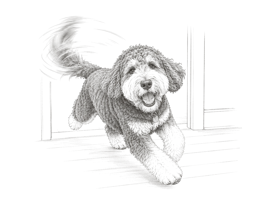 Murphy bounding through a doorway, tail blurred with motion.