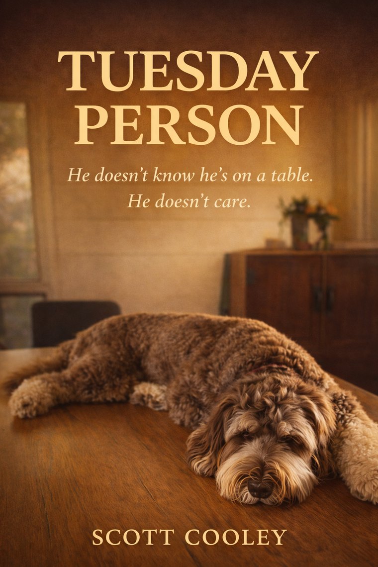 Cover of Tuesday Person: a labradoodle asleep on a wooden dining room table in warm afternoon light.
