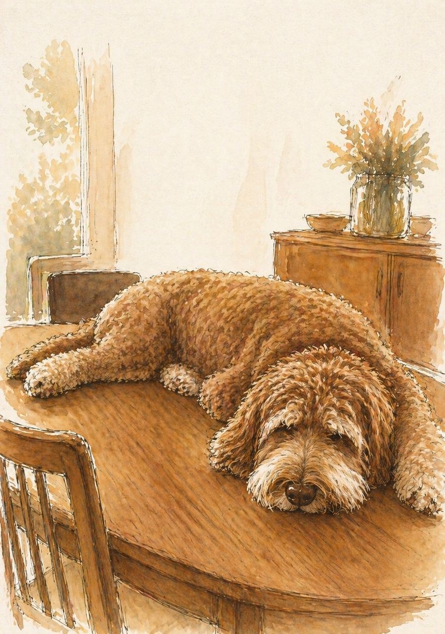 Watercolor of a curly brown labradoodle asleep on a wooden dining room table, with a window and a vase of dried flowers in the background.
